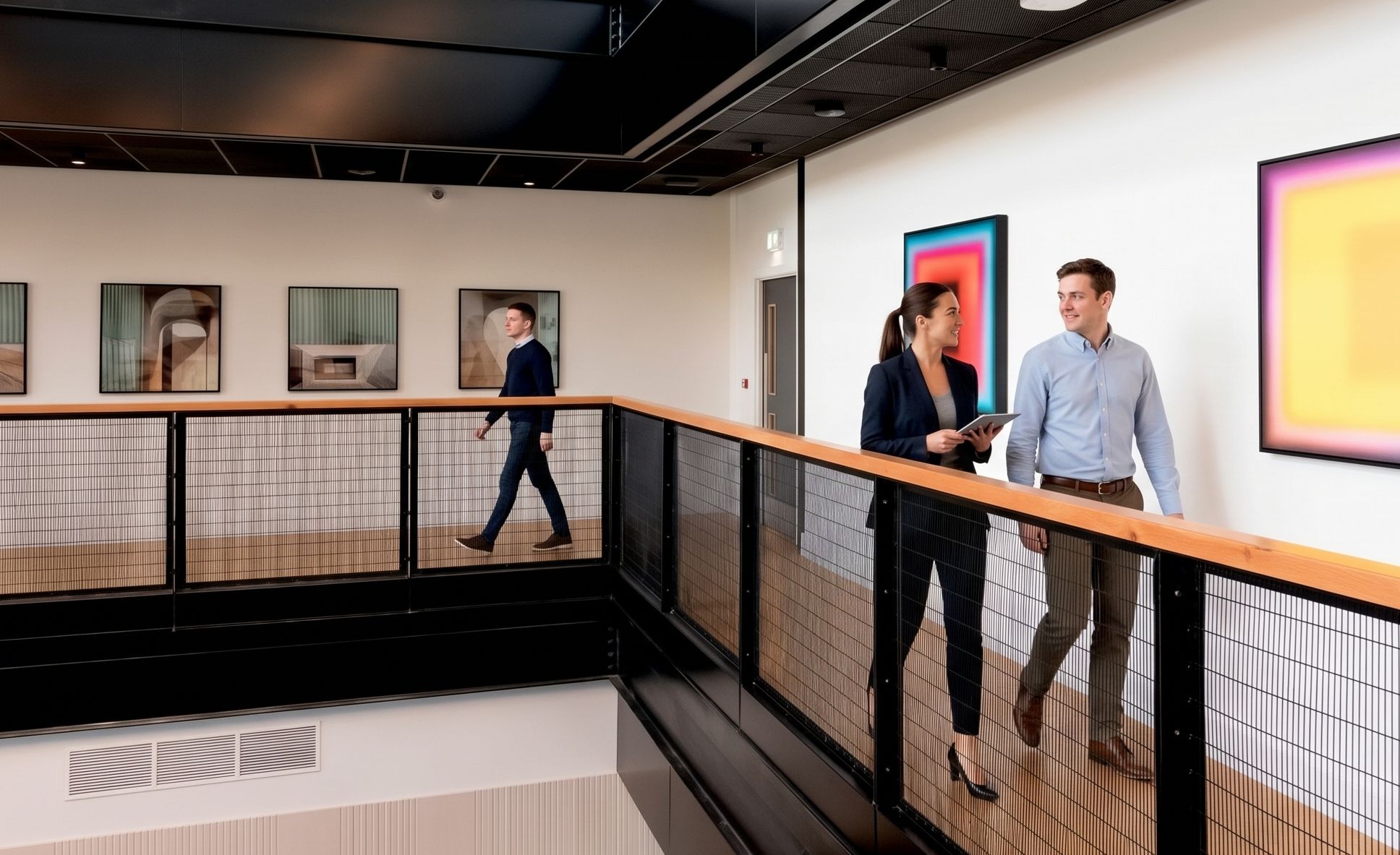 Colleagues walking along the mezzanine at The Hive